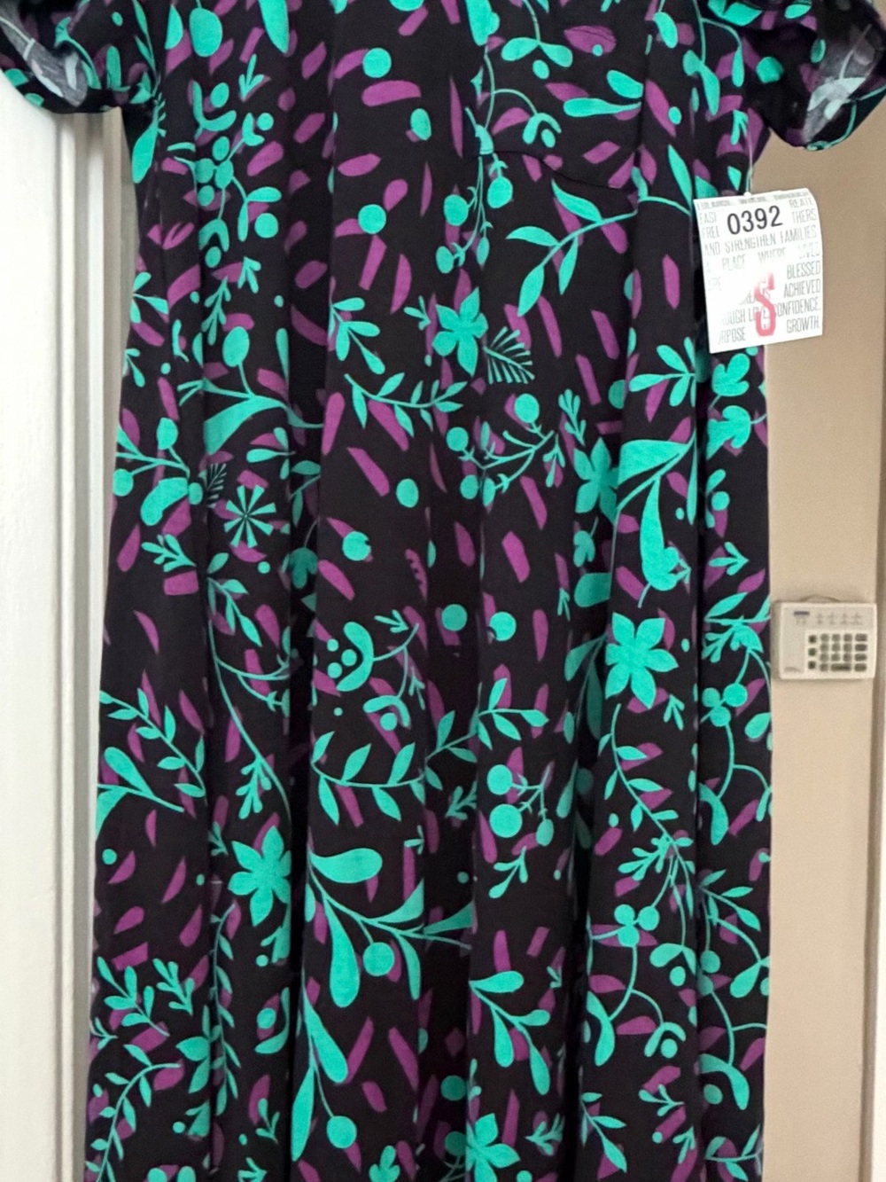 Women’s LuLaRoe Carly Black Floral Midi Dress with Teal & Purple Print